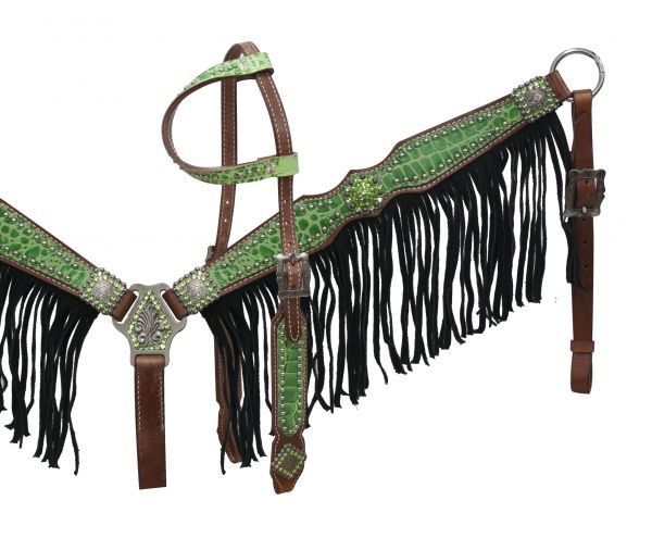 Lime alligator print breast collar set with black fringe-Lime alligator print breast collar set with black fringe