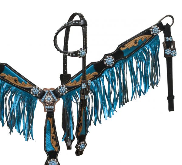 Black leather breast collar set with metallic fringe and inlay-Black leather breast collar set with metallic fringe and inlay