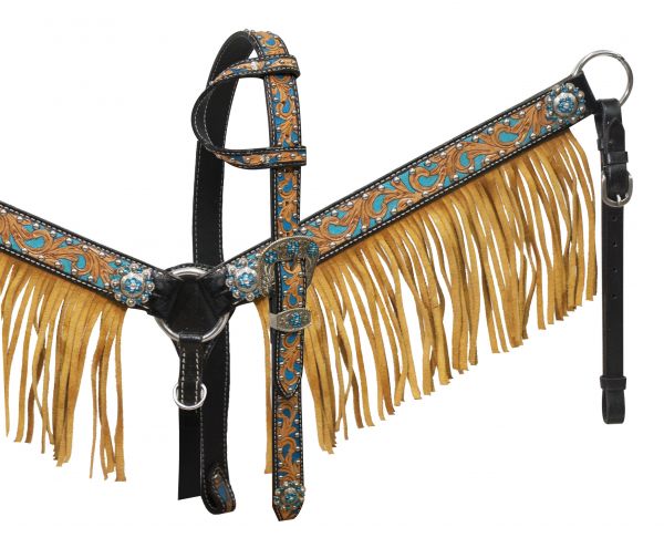 Black leather breast collar set with natural fringe-fringe breast collar headstall set