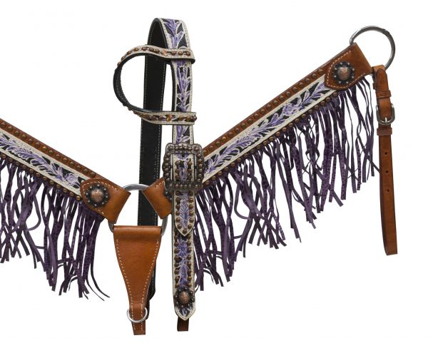 Painted leather and purple alligator fringe set-fringe breastcollar headstall set