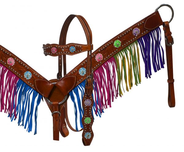 Multi colored fringe and conchos breast collar set-Multi colored fringe and conchos breast collar set