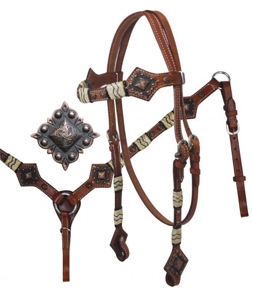 Headstall and Breast Collar Set with Rawhide Braiding and Diamond Plate Conchos-Headstall and Breast Collar Set with Rawhide Braiding and Diamond Plate Conchos