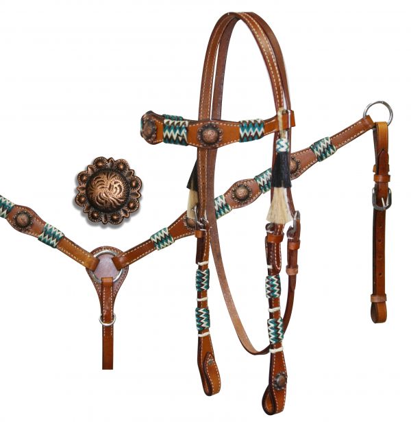Rawhide Braided Headstall and Breastcollar Set with Antique Style Conchos.-Rawhide Braided Headstall and Breastcollar Set with Antique Style Conchos.