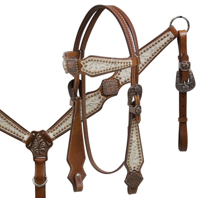 Double Stiched Leather Silver Filigree Headstall and Breast Collar Set-Double Stiched Leather Silver Filigree Headstall and Breast Collar Set
