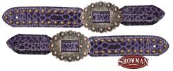 Ladies purple snake print belt style spur straps with copper accents.-Ladies purple snake print belt style spur straps with copper accents.