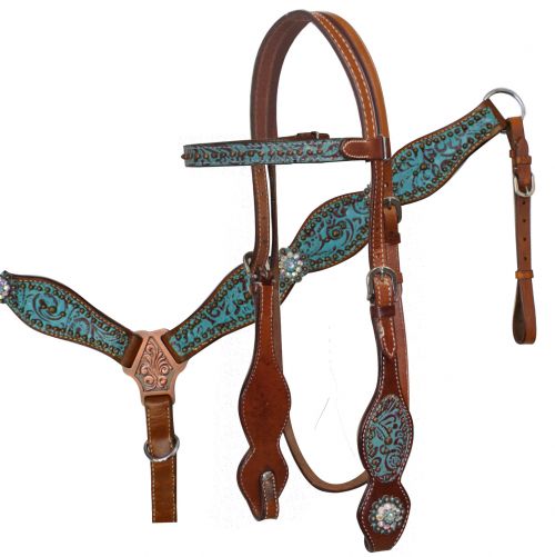 Headstall and Breast Collar Set with Teal and Brown Filigree Print.-Headstall and Breast Collar Set with Teal and Brown Filigree Print.