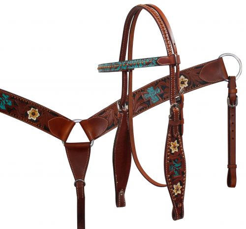 Headstall and Breast Collar Set with Teal Filigree Cross Inlay and Painted Flowers.-Headstall and Breast Collar Set with Teal Filigree Cross Inlay and Painted Flowers.