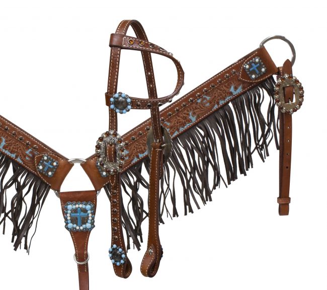 Turquoise Stone Cross concho breast collar set-Turquoise Stone Cross concho and fringe breast collar set