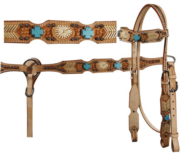 headstall and breast collar set with turquoise cross stones, rawhide accents and basket weave tooling.-headstall and breast collar set with turquoise cross stones, rawhide accents and basket weave tooling.