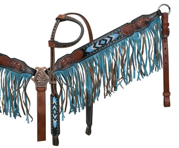 Black and medium leather headstall and breast collar set with beaded inlay and suede fringe- Black and medium leather headstall and breast collar set with beaded inlay and suede fringe