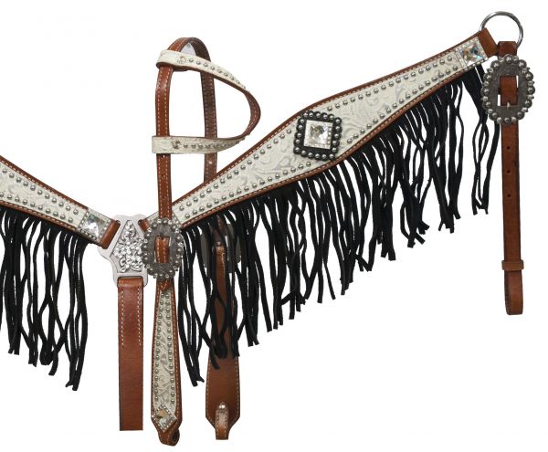 Silver and white filigree overlay with black fringe breast collar set-Silver and white filigree overlay with black fringe breast collar set